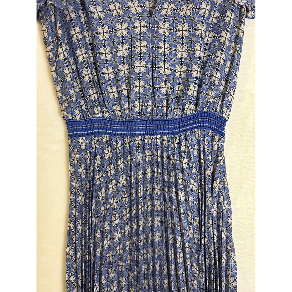 Max Studio Pleated Midi Dress‎ Womens XS Blue Geometric Flutter Sleeve Smocked